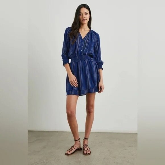 NEW Rails Crystal Dress Linen Blend Blue White Noja Stripe Smocked Size S - Picture 1 of 6